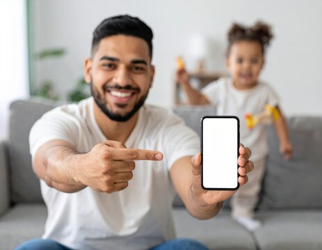 Father and daughter showcasing a smartphone with a blank screen