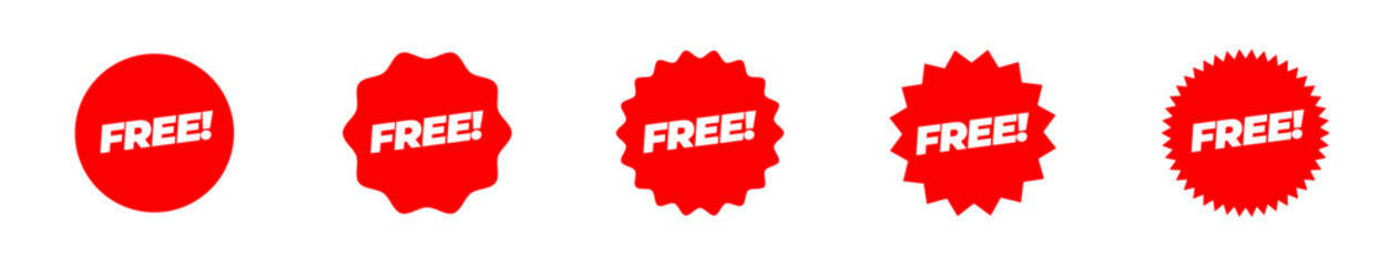 Variations set of Free tags in starburst shape.
Marketing and sales sticker in red color.
