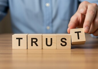 Naklejka premium A hand places a wooden block completing the word trust