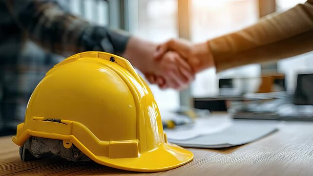 Construction professionals shaking hands over a yellow hard hat on a wooden table in an office setting