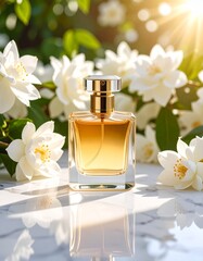Perfume advertisement, fragrance and trend: A close-up editorial photo of a luxurious perfume bottle placed on a marble surface.