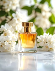 Perfume advertisement, fragrance and trend: A close-up editorial photo of a luxurious perfume bottle placed on a marble surface.