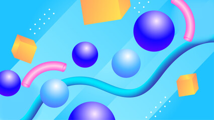 Colorful spheres, tubes, and cubes on a pink background suitable for various design projects, abstract concepts, geometric art, or modern patterns.