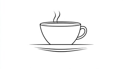 Obraz premium Black outline coffee cup illustration in minimalist line art style on white background, clean and modern, vector style design suitable for branding, packaging or digital media.