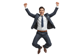 A joyful businessman in a suit leaps with happiness, celebrating success against a transparent background, full of energy and enthusiasm.