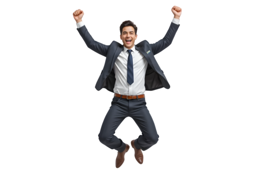 A joyful businessman in a suit leaps with happiness, celebrating success against a transparent background, full of energy and enthusiasm.