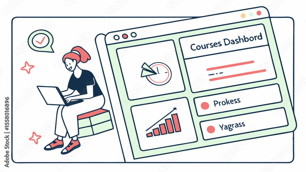 Poster online learning dashboard illustration with student progress tracking. e-learning platform for cours