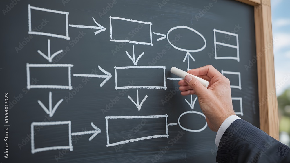 Poster hand drawing flowchart diagram with chalk on blackboard representing business process planning strat