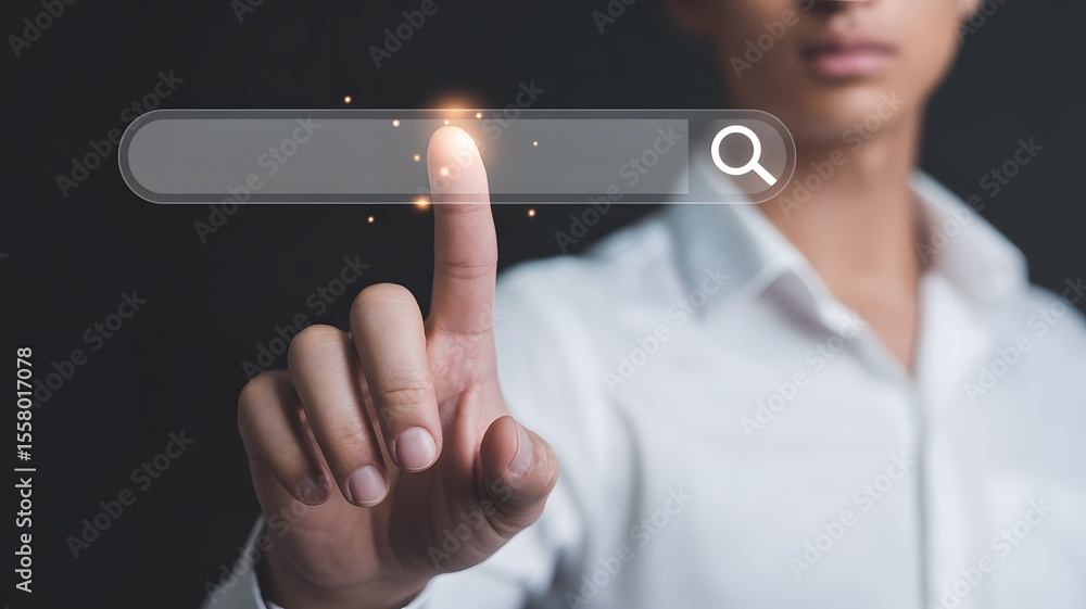 Poster person pressing virtual search bar with glowing touch point representing online information technolo