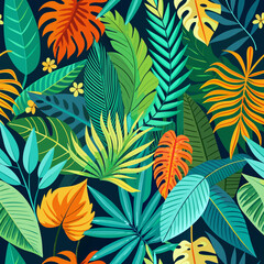 Vibrant Tropical Paradise A Seamless Vector Pattern of Lush Exotic Leaves and Flowers