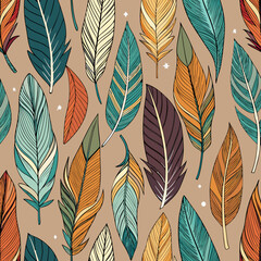 Fototapeta premium Vibrant Vector Feather Pattern A Seamless Design of Colorful Bird Feathers for Textile, Fashion, and Decor