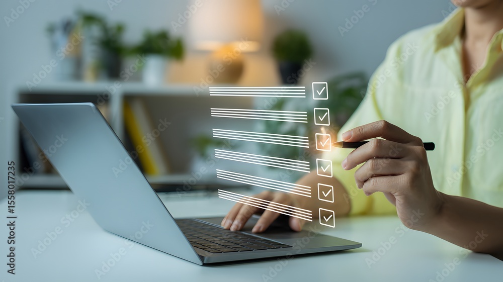 Poster person managing virtual checklist on laptop with pen representing productivity task completion organ