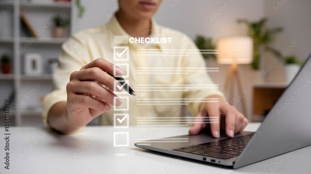 Poster person using laptop with virtual checklist and pen representing task management productivity plannin