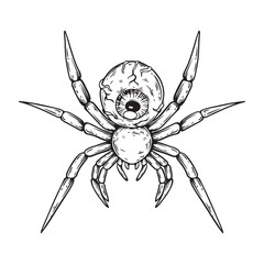 illustration art black and white hand drawn spider with scary eye ball tattoo and t-shirt design