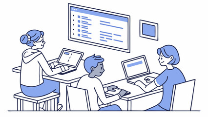 Collaborative Team Working on Laptops. Diverse group focused on digital project development with shared screen.