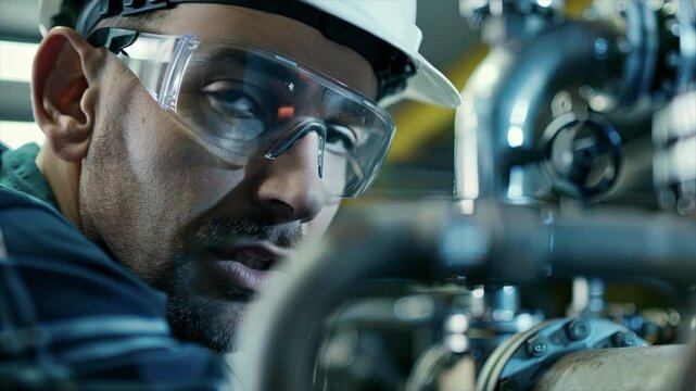 An engineer working on a gas maze, wearing safety glasses and a hard hat