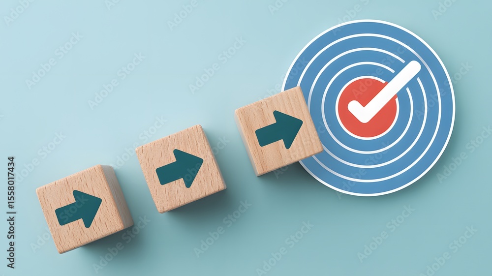 Poster wooden blocks with arrows moving toward target with check mark symbol representing business directio
