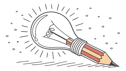 Creative Idea Concept: Glowing Light Bulb with Pencil Illustration