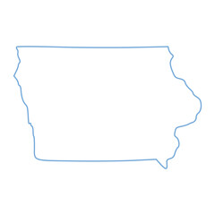 A blue outline of the state of Iowa on white background	