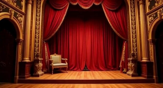 Theatrical Stage with Red Curtains and Empty Chair