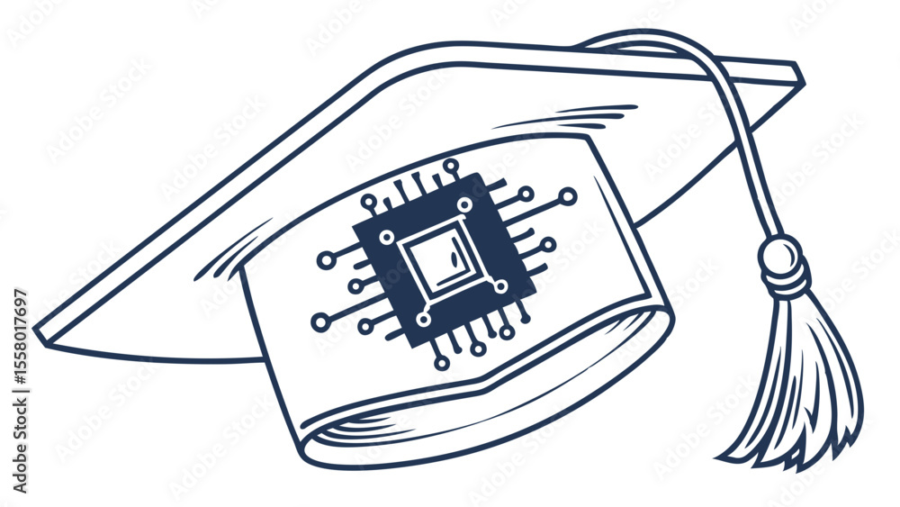 Poster graduation cap with microchip icon for technology education and computer science degrees