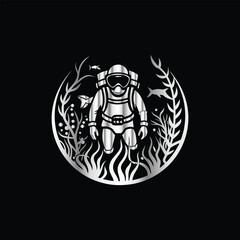 Scuba diver with fish on the black background. Vector illustration. Illustration of a scuba diver and a ship on a black background.