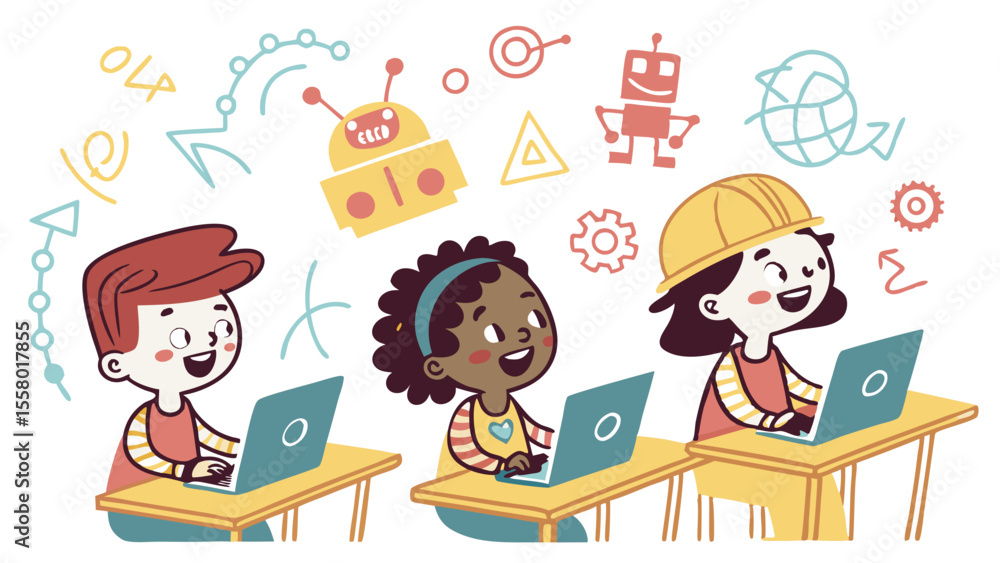Aufkleber happy diverse kids learning technology and coding on laptops, surrounded by stem and robotic illustr