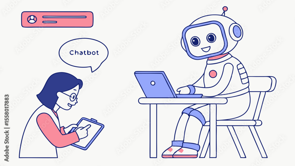 Poster friendly ai chatbot robot interacting with human user on laptop for digital communication and suppor
