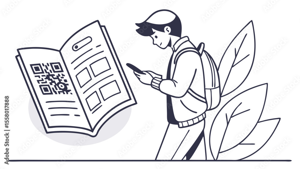 Poster student scanning qr code in book with smartphone. digital information access, mobile technology, mod
