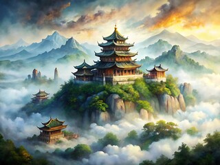Traditional chinese pagoda temples nestled in misty mountains