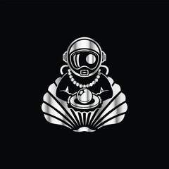 Scuba diver with fish on the black background. Vector illustration. Illustration of a scuba diver and a ship on a black background.