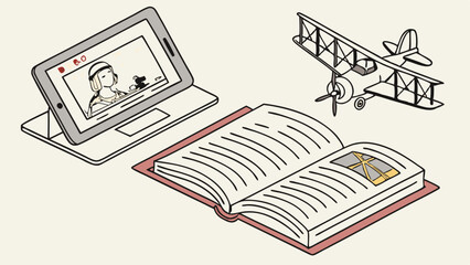 Exploring Aviation History: Tablet, Book, and Biplane Model for Learning