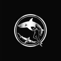 Scuba diver with fish on the black background. Vector illustration. Illustration of a scuba diver and a ship on a black background.