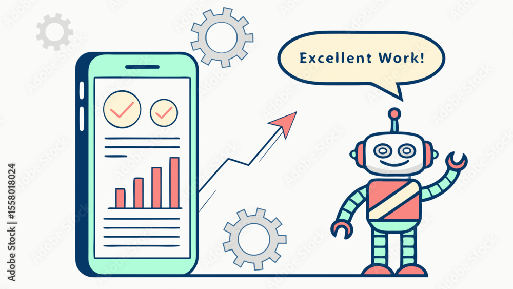 Poster ai robot and smartphone with business analytics and upward trend, showing success and productivity