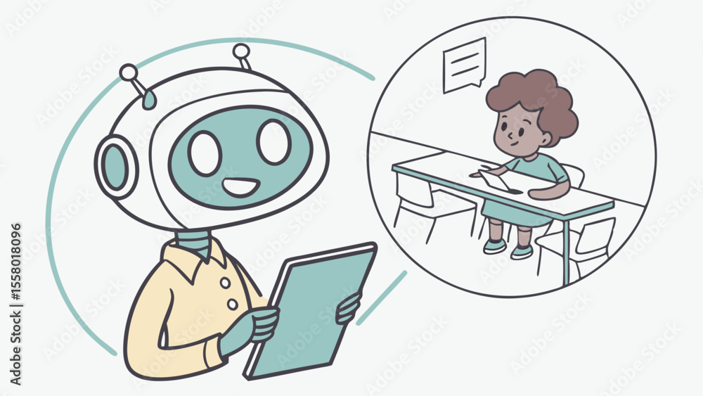 Poster ai robot teacher interacting with student in modern classroom setting