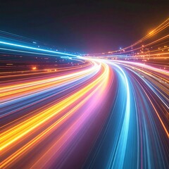 Long exposure photo of vibrant light trails from fast-moving vehicles on a curved highway during nighttime, symbolizing speed and motion.