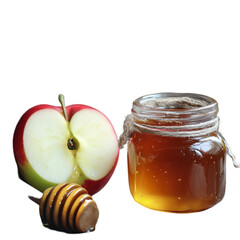 Fresh Apple, Golden Honey, and Pomegranate – White Background Studio Shot. fresh apple with honey, golden honey and pomegranate, apple honey pomegranate trio, white background studio food shot, Rosh

