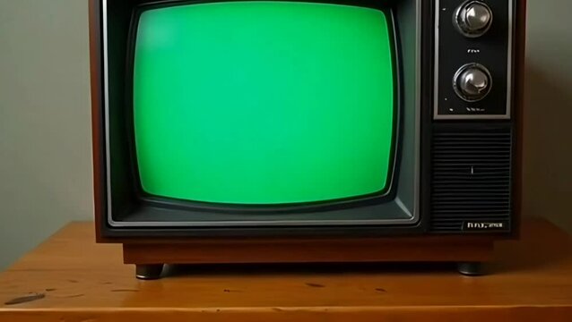 Old small vintage TV. 70s style television on vintage table. Gren screen with old TV screen effect, Generative AI