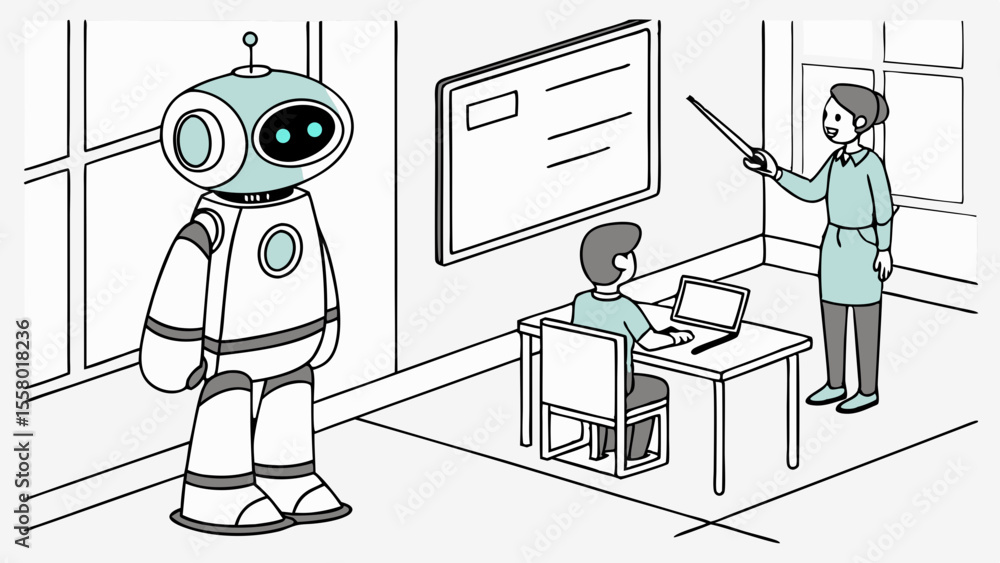 Poster ai robot and teacher collaborating in a modern classroom setting with student and laptop