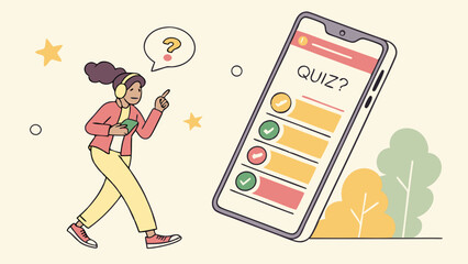 Woman taking online quiz on smartphone, illustrating mobile learning, digital education, and interactive knowledge testing.