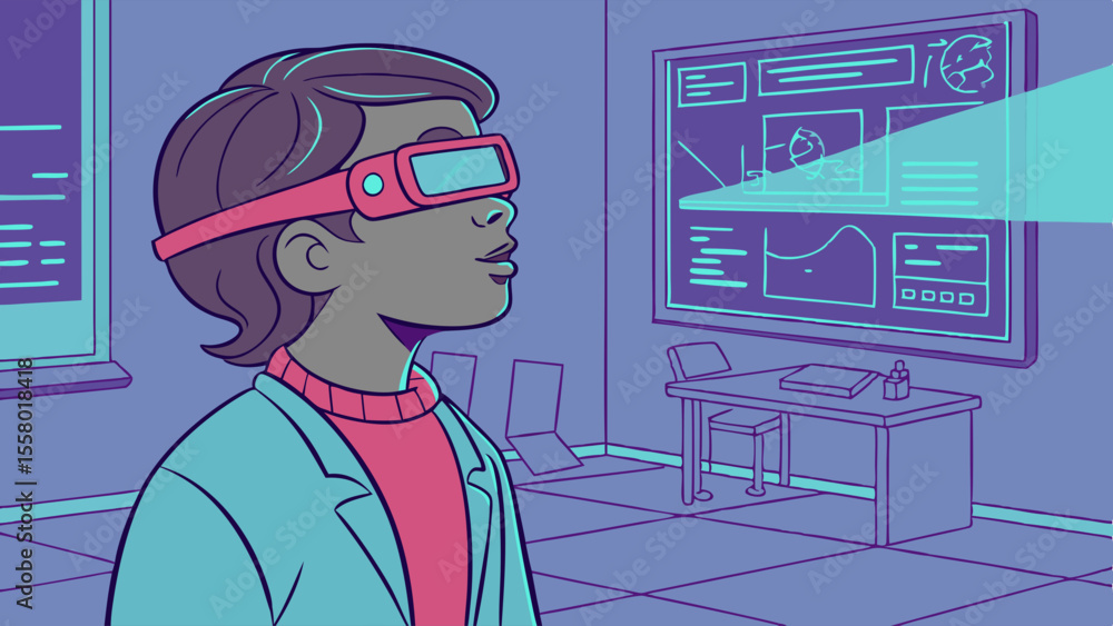 Poster futuristic learning: person in vr/ar headset interacting with digital data in a tech lab environment
