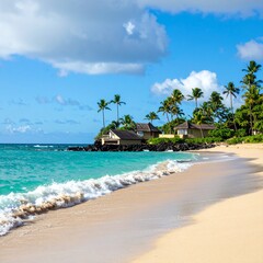 Scenic tropical beach with ocean waves, golden sand, palm trees, and luxury villas nestled along the coastline under a blue sky.  