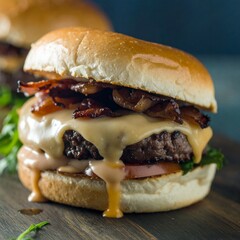 Close-up of a mouthwatering cheeseburger topped with crispy bacon, melted cheese, lettuce, and tomato on a toasted bun.