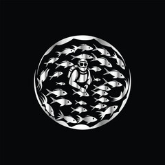 Scuba diver with fish on the black background. Vector illustration. Illustration of a scuba diver and a ship on a black background.