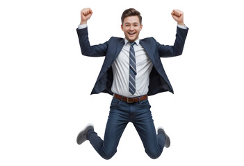 Joyful young professional jumps with excitement, showcasing happiness and energy against a transparent backdrop ready for your design needs, transparent background