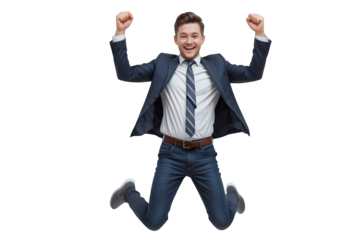 Joyful young professional jumps with excitement, showcasing happiness and energy against a transparent backdrop ready for your design needs, transparent background