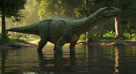 Fototapeta premium Majestic dinosaur stands in a tranquil sun-dappled forest stream.