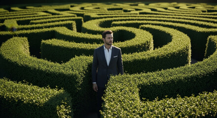 Man in suit navigates a vast green hedge maze under warm inviting sunlight.