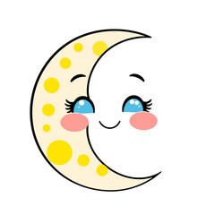 Obraz premium Cute cartoon crescent moon character with a happy face isolated on white background