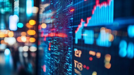 Abstract financial display with city lights reflecting in background